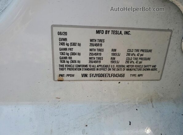 5YJYGDEE7LF043458 2020 TESLA MODEL White VIN կոդի պիտակի տեսք