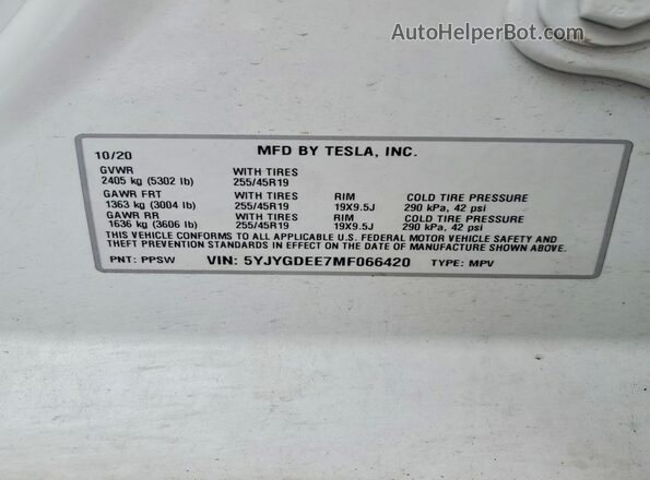 5YJYGDEE7MF066420 2021 TESLA MODEL White Widok naklejki z numerem VIN