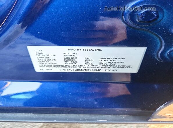 5YJYGDEE7MF286947 2021 TESLA MODEL Blue Widok naklejki z numerem VIN