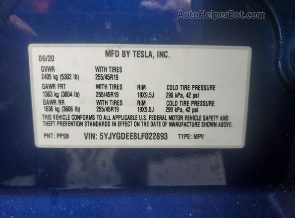 5YJYGDEE8LF022893 2020 TESLA MODEL Синий Вид наклейки с VIN-кодом