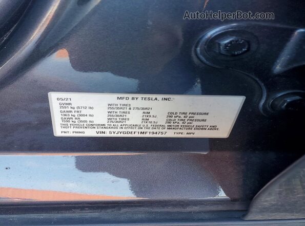 5YJYGDEF1MF194757 2021 TESLA MODEL Gray VIN კოდის სტიკერის ხედი