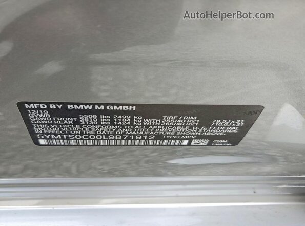 5YMTS0C00L9B71912 2020 BMW X3 Silver Vista de la etiqueta del VIN