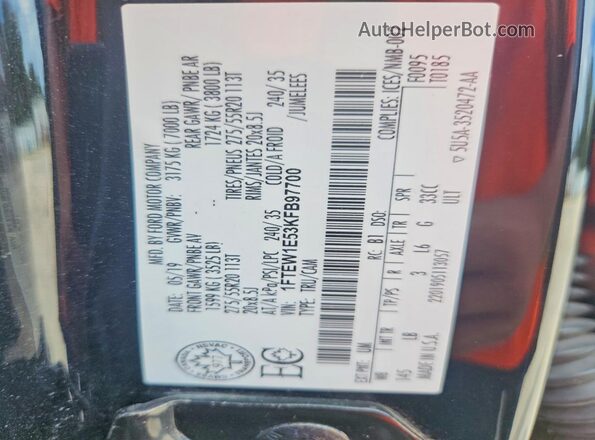 1FTEW1E53KFB97700 2019 FORD F150 Black VIN sticker view