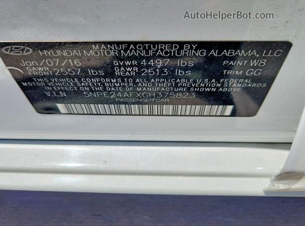 5NPE24AFXGH375823 2016 HYUNDAI SONATA White Widok naklejki z numerem VIN