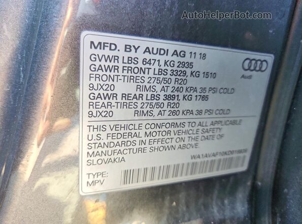 WA1AVAF10KD018936 2019 AUDI Q8 Gray Widok wnętrza 360 stopni
