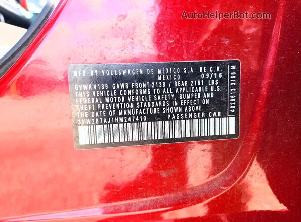 3VW2B7AJ1HM247410 2017 VOLKSWAGEN JETTA Maroon Vista de la etiqueta del VIN