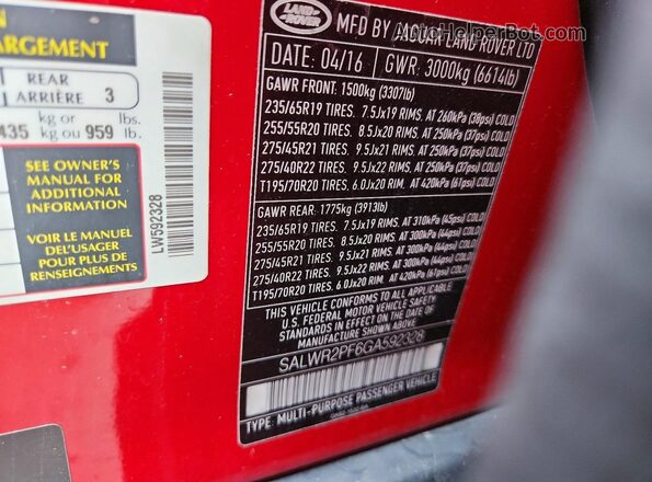 SALWR2PF6GA592328 2016 LAND ROVER RANGE Maroon Vista de la etiqueta del VIN