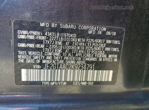 JF2GTAAC2K9234791 2019 SUBARU CROSSTREK Gray Widok wnętrza 360 stopni
