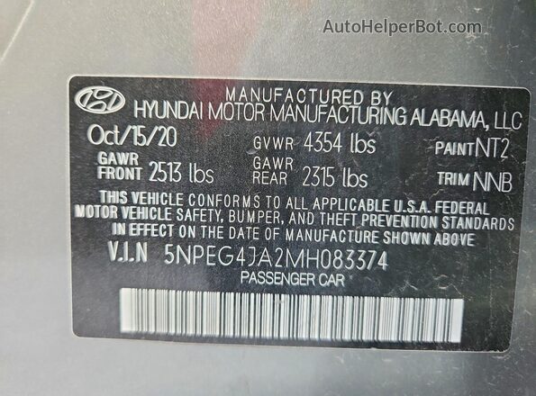 5NPEG4JA2MH083374 2021 HYUNDAI SONATA Gray Vista de la etiqueta del VIN