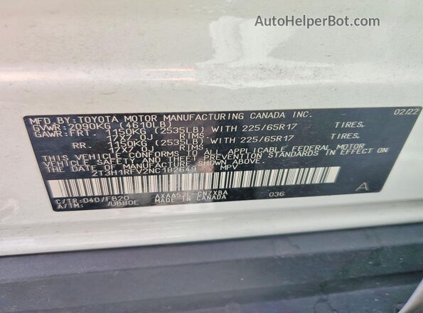 2T3H1RFV2NC182649 2022 TOYOTA RAV4 Белый Вид наклейки с VIN-кодом