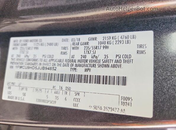 1FMCU9HD5JUB94852 2018 FORD ESCAPE Gray Панорамний вид салону 360°