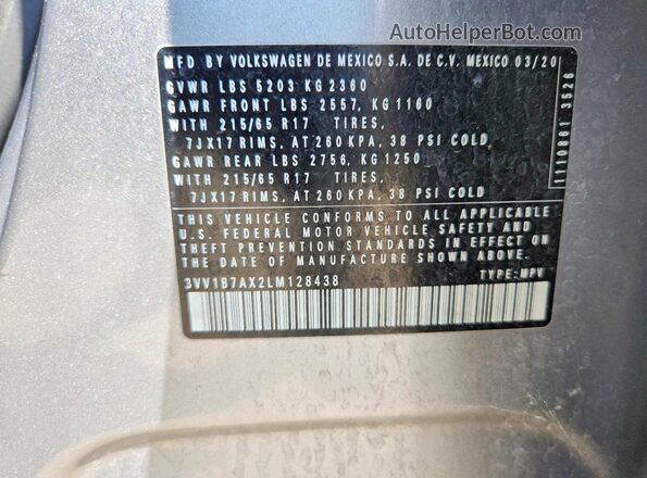 3VV1B7AX2LM128438 2020 VOLKSWAGEN TIGUAN Gray 360 interior view