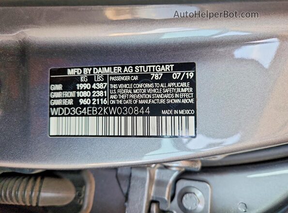 WDD3G4EB2KW030844 2019 MERCEDES-BENZ A Серый Вид наклейки с VIN-кодом