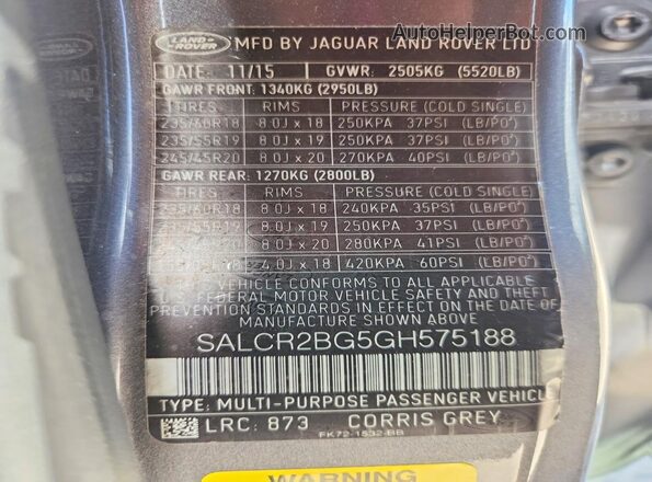SALCR2BG5GH575188 2016 LAND ROVER DISCOVERY Gray VIN sticker view