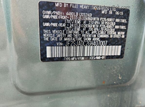 JF2SJADC2GH407007 2016 SUBARU FORESTER Green 360 interior view