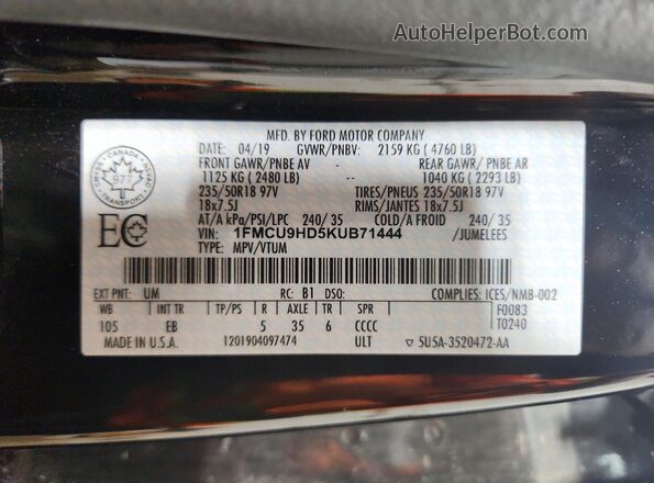 1FMCU9HD5KUB71444 2019 FORD ESCAPE Charcoal Панорамний вид салону 360°