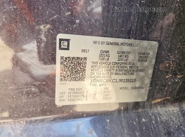 1GNSCBKC1JR135110 2018 CHEVROLET TAHOE Gray Vista interior de 360 grados