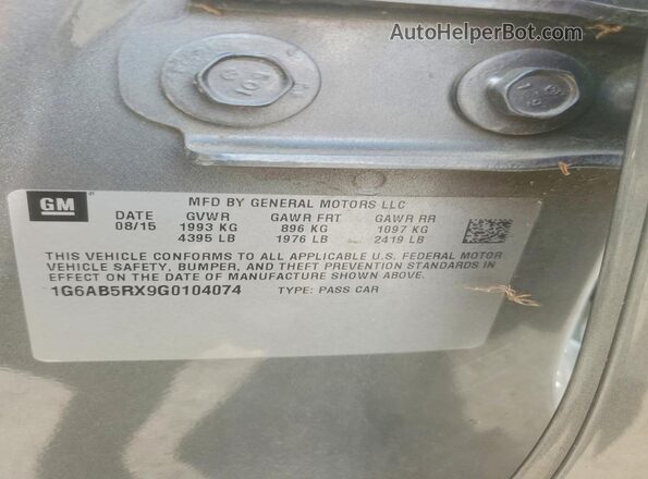 1G6AB5RX9G0104074 2016 CADILLAC ATS Silver Vista de la etiqueta del VIN