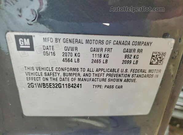 2G1WB5E32G1184241 2016 CHEVROLET IMPALA Gray VIN կոդի պիտակի տեսք
