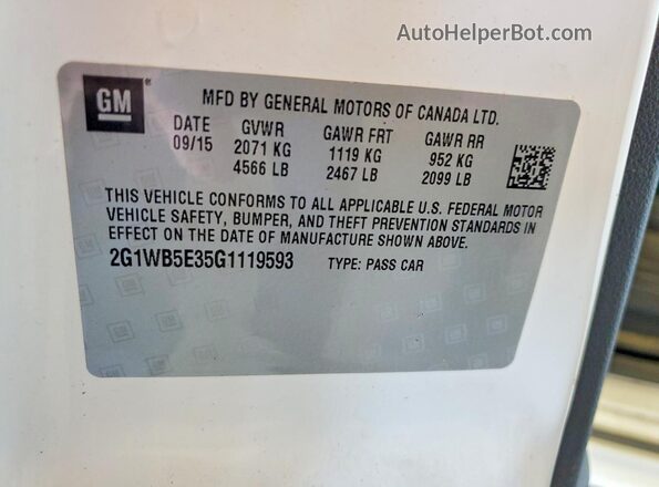 2G1WB5E35G1119593 2016 CHEVROLET IMPALA White Widok naklejki z numerem VIN