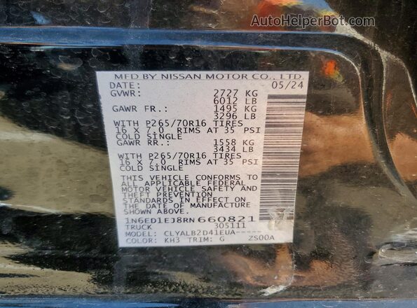 1N6ED1EJ8RN660821 2024 NISSAN FRONTIER Black Вид наклейки з VIN-кодом