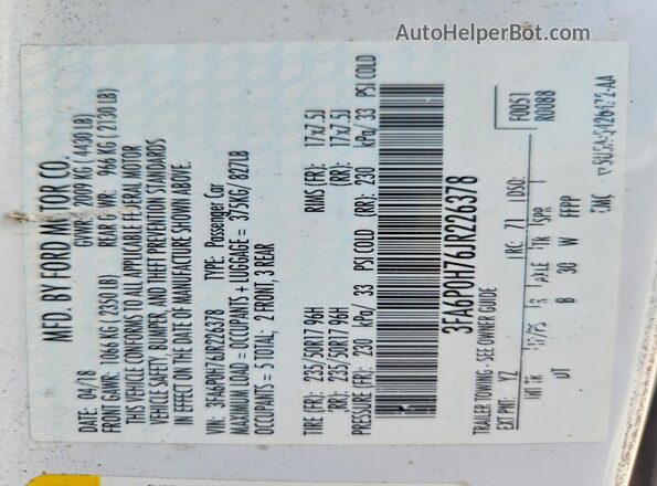 3FA6P0H76JR226378 2018 FORD FUSION White Widok wnętrza 360 stopni
