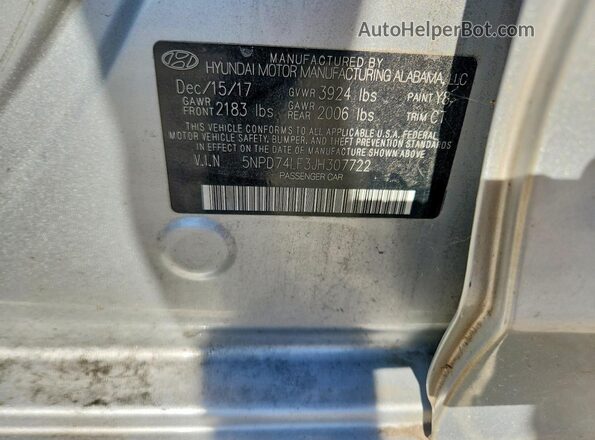 5NPD74LF3JH307722 2018 HYUNDAI ELANTRA Silver VIN კოდის სტიკერის ხედი