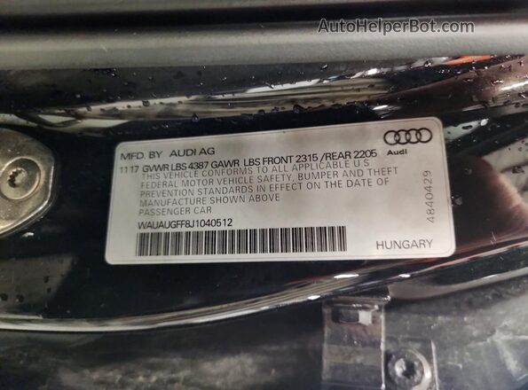 WAUAUGFF8J1040512 2018 AUDI A3 Black Вид наклейки з VIN-кодом