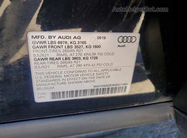 WA1VAAGE0KB021989 2019 AUDI E-TRON Черный Панорамный вид салона 360°