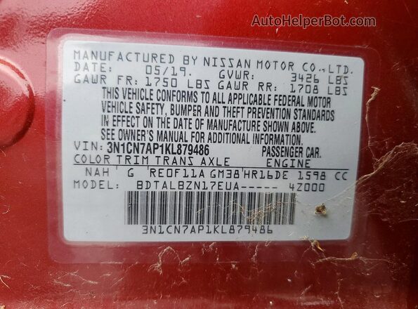 3N1CN7AP1KL879486 2019 NISSAN VERSA Red Вид наклейки з VIN-кодом
