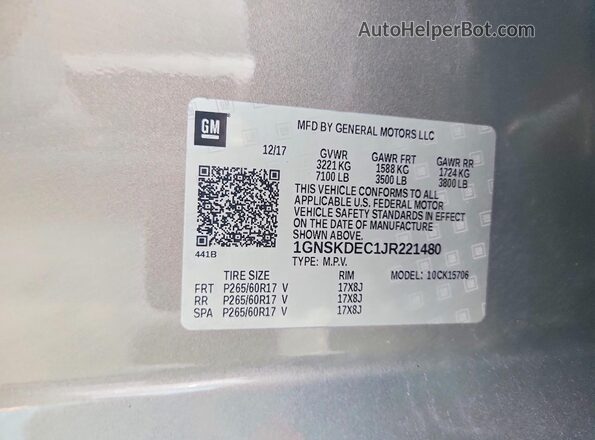 1GNSKDEC1JR221480 2018 CHEVROLET TAHOE Gray Панорамний вид салону 360°