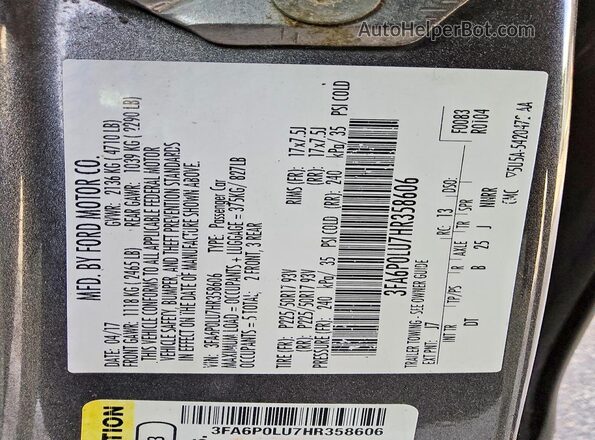 3FA6P0LU7HR358606 2017 FORD FUSION Gray VIN կոդի պիտակի տեսք