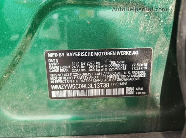 WMZYW5C09L3L13738 2020 MINI COUNTRYMAN Green Widok naklejki z numerem VIN