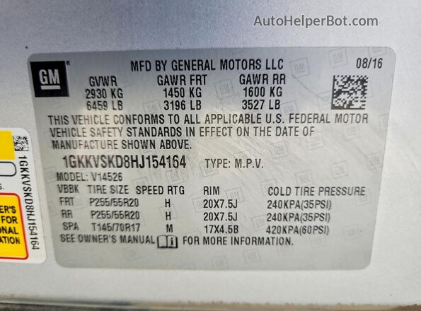 1GKKVSKD8HJ154164 2017 GMC ACADIA Silver 