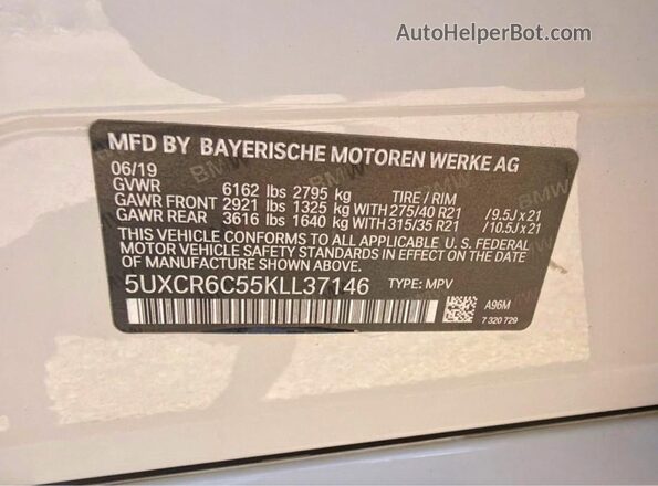 5UXCR6C55KLL37146 2019 BMW X5 White Սալոնի հետևի տեսք