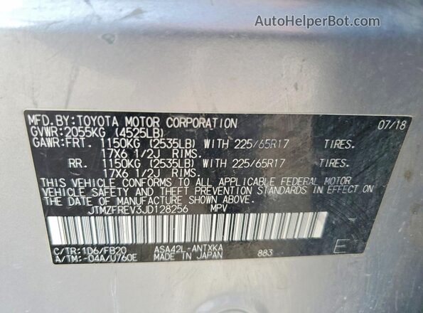 JTMZFREV3JD128256 2018 TOYOTA RAV4 Silver Widok naklejki z numerem VIN