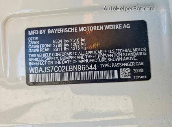 WBAJS7C02LBN96544 2020 BMW M5 White Vista de la etiqueta del VIN