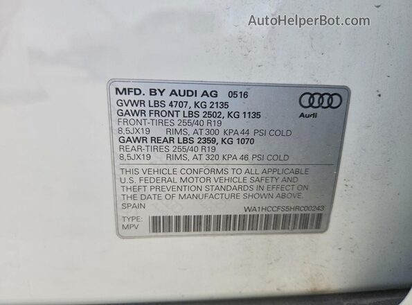 WA1HCCFS5HR000243 2017 AUDI Q3 White VIN კოდის სტიკერის ხედი