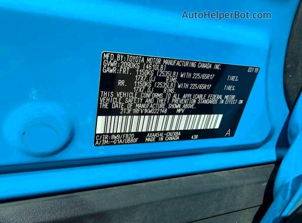2T3F1RFV1KW022148 2019 TOYOTA RAV4 Синий Вид задней части салона