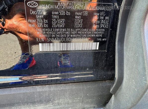 5NMZUDLB0HH035794 2017 HYUNDAI SANTA Серебряный Вид наклейки с VIN-кодом