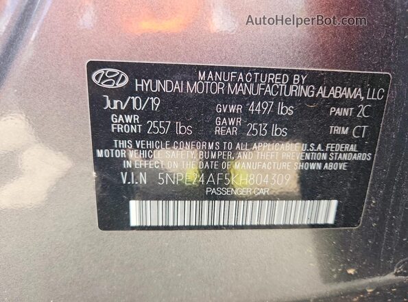 5NPE24AF5KH804309 2019 HYUNDAI SONATA Gray Widok naklejki z numerem VIN