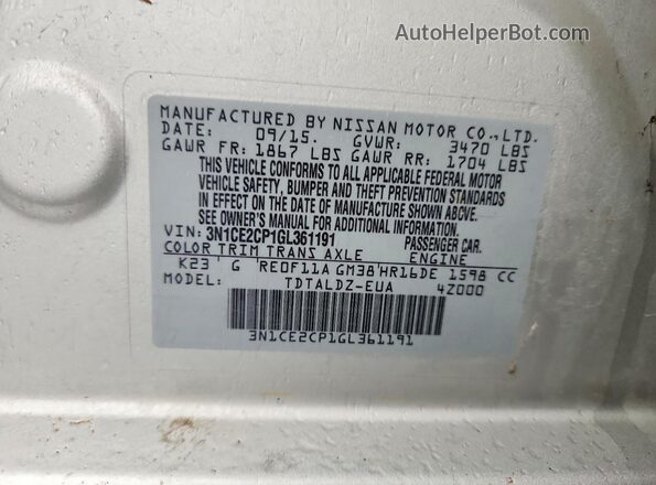 3N1CE2CP1GL361191 2016 NISSAN VERSA Silver Widok naklejki z numerem VIN