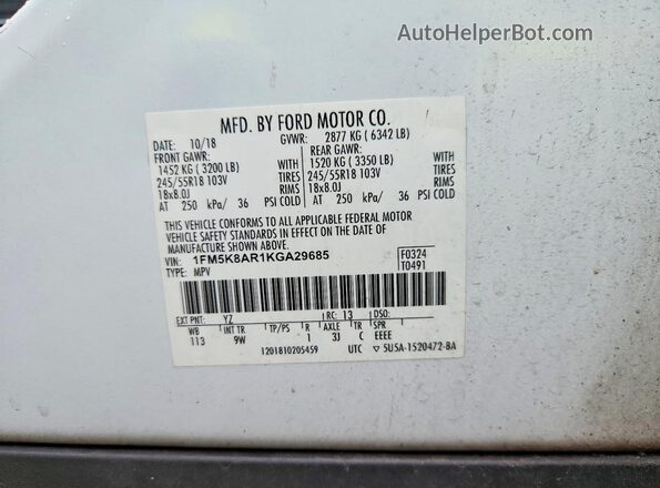 1FM5K8AR1KGA29685 2019 FORD EXPLORER White Widok wnętrza 360 stopni