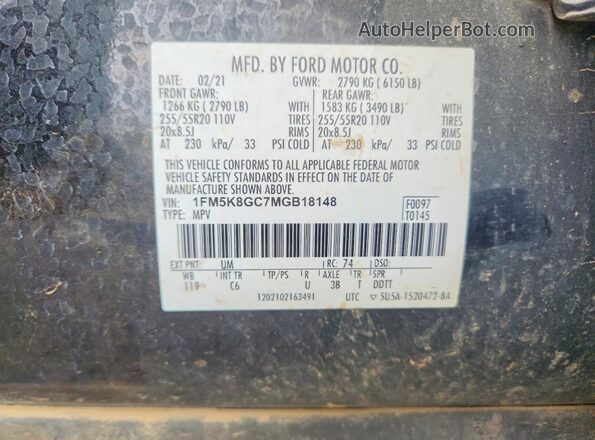 1FM5K8GC7MGB18148 2021 FORD EXPLORER Black VIN sticker view