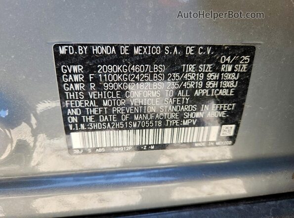 3HDSA2H51SM705518 2025 ACURA ADX Gray Widok naklejki z numerem VIN