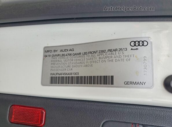 WAUFNAF45KA081003 2019 AUDI A4 Белый Вид наклейки с VIN-кодом