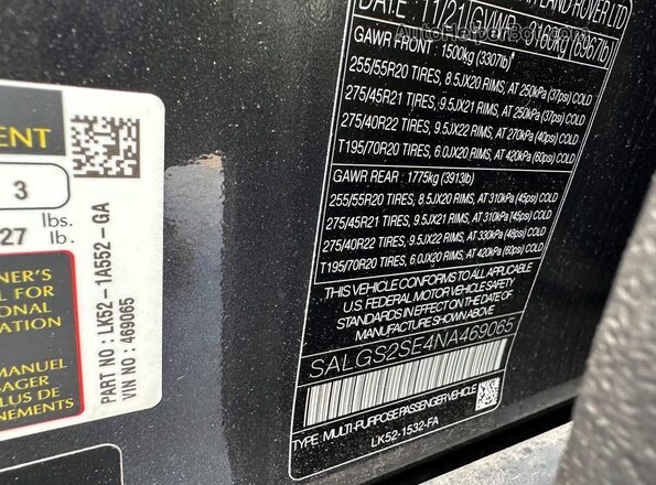 SALGS2SE4NA469065 2022 LAND ROVER RANGE Black Вид задньої частини салону