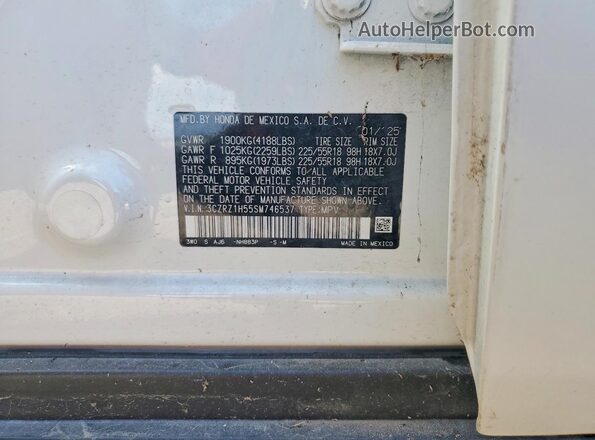 3CZRZ1H55SM746537 2025 HONDA HR-V White VIN կոդի պիտակի տեսք