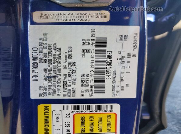3FA6P0T96GR290633 2016 FORD FUSION Синий Вид наклейки с VIN-кодом