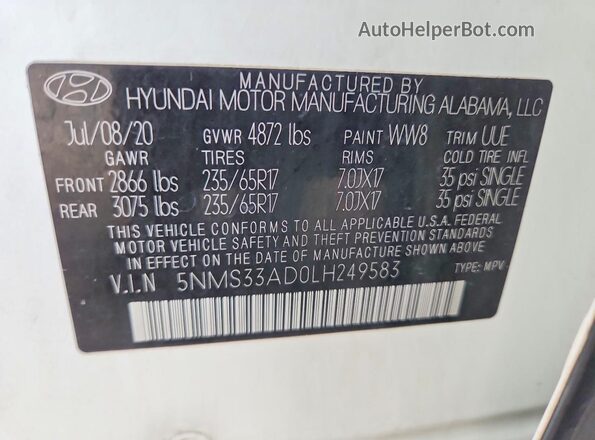 5NMS33AD0LH249583 2020 HYUNDAI SANTA Белый Панорамный вид салона 360°